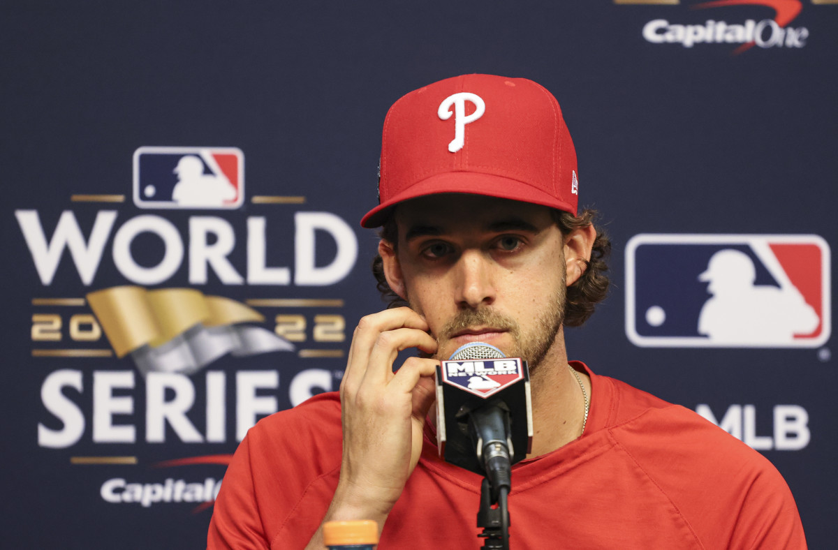 Aaron Nola takes questions at a World Series press event.
